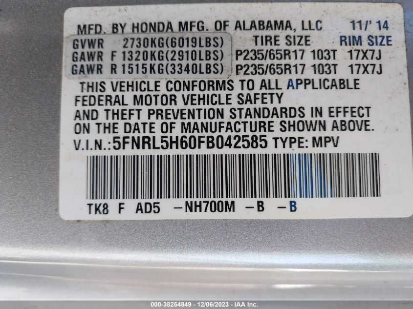 5FNRL5H60FB042585 2015 HONDA ODYSSEY, photo no. 9