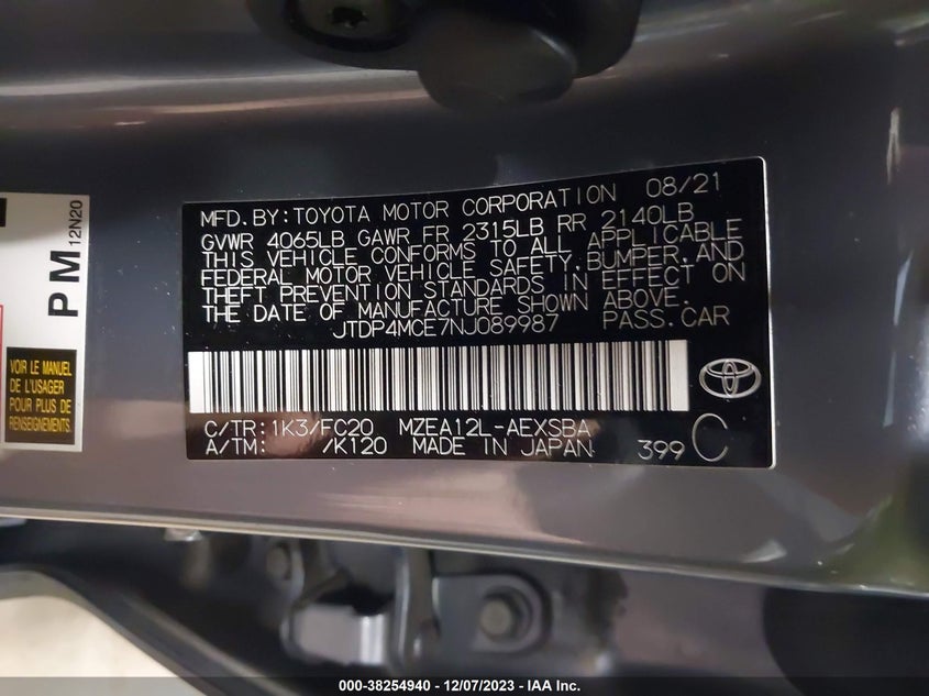 VIN JTDP4MCE7NJ089987 2022 TOYOTA COROLLA SE