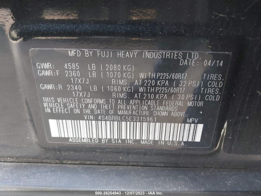 2014 SUBARU OUTBACK 2.5I LIMITED - 4S4BRBLC5E3315961