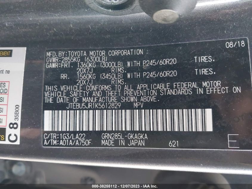 2019 TOYOTA 4RUNNER SR5/LIMITED/LIMITED NIGHT - JTEBU5JR1K5612829