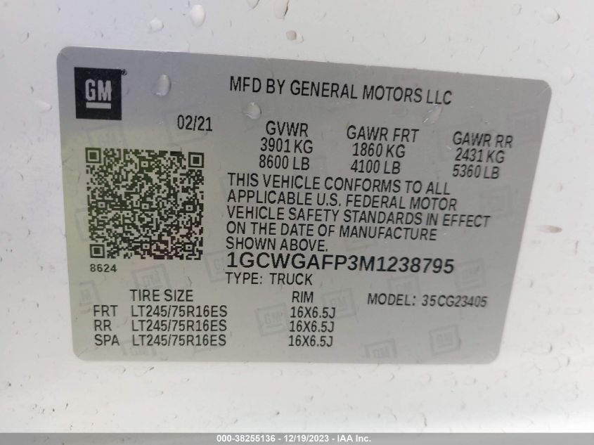 2021 CHEVROLET EXPRESS CARGO RWD 2500 REGULAR WHEELBASE WT 1GCWGAFP3M1238795