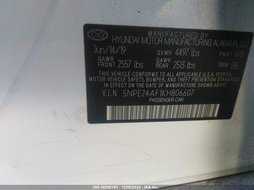 VIN 5NPE24AF1KH806607 2019 HYUNDAI SONATA SE