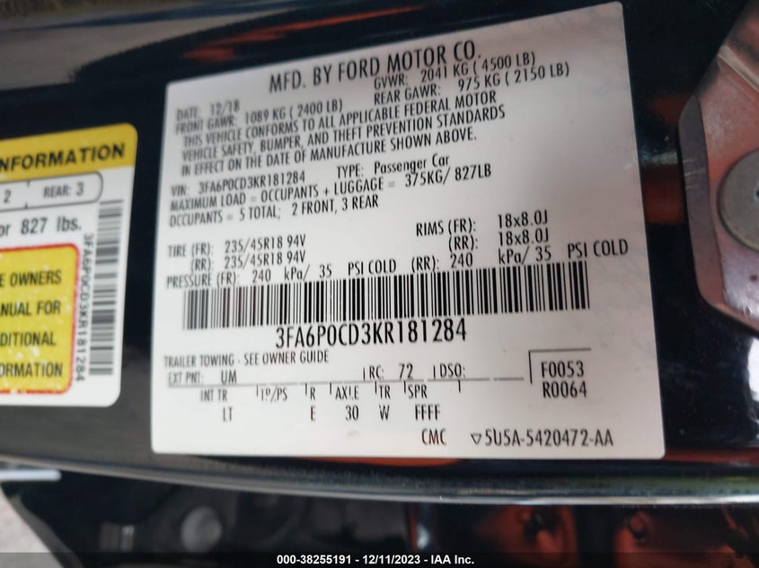 VIN 3FA6P0CD3KR181284 2019 FORD FUSION SEL