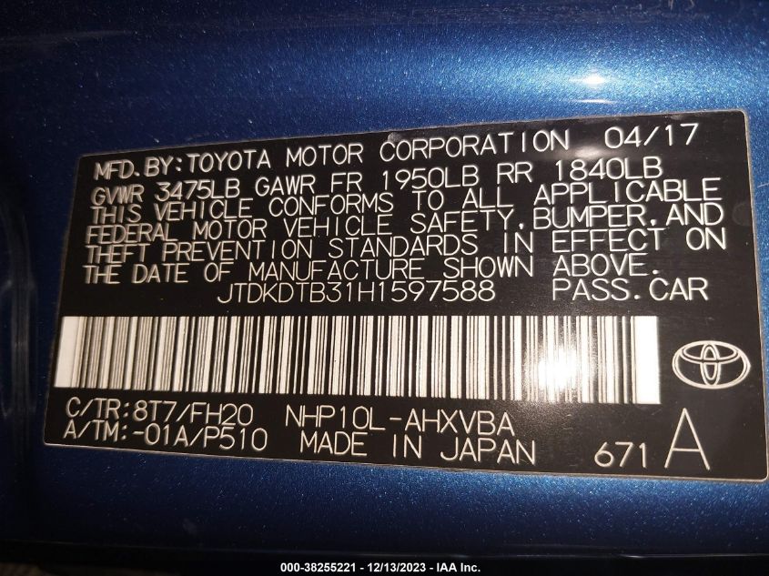 2017 TOYOTA PRIUS C ONE - JTDKDTB31H1597588
