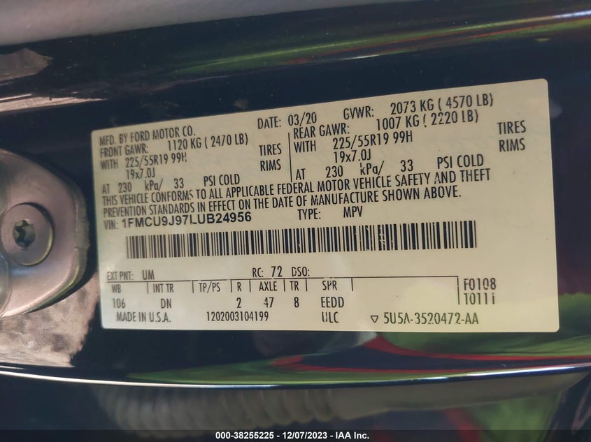 VIN 1FMCU9J97LUB24956 2020 FORD ESCAPE TITANIUM