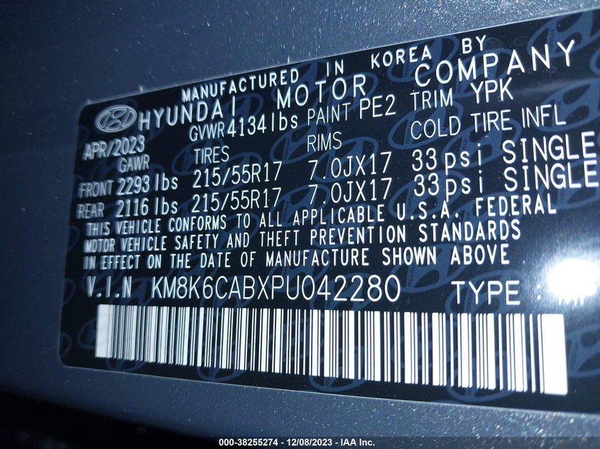 VIN KM8K6CABXPU042280 2023 HYUNDAI KONA SEL