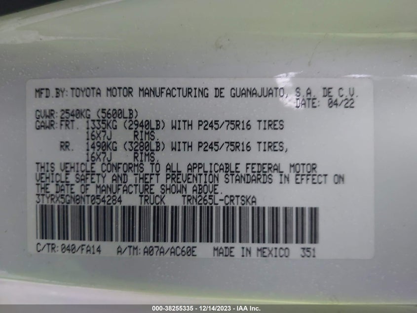 VIN 3TYRX5GN8NT054284 2022 TOYOTA TACOMA SR