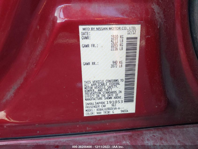 2013 NISSAN ALTIMA 2.5/S/SV/SL - 1N4AL3AP4DC191053