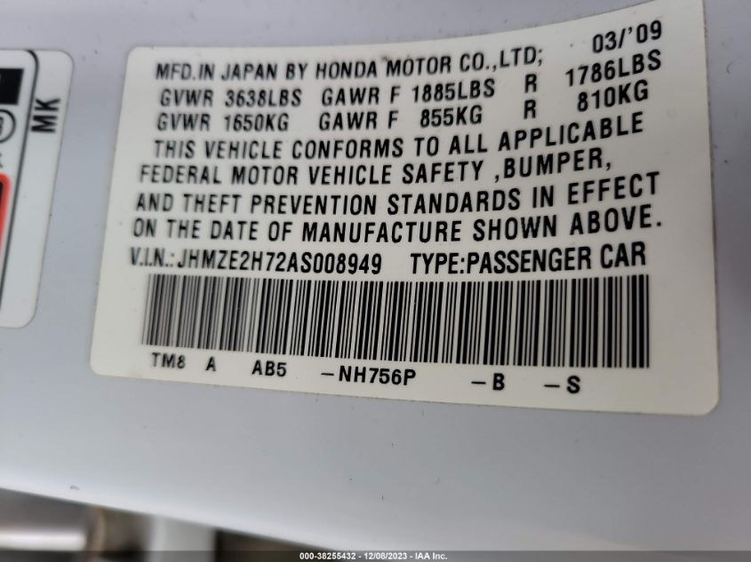 JHMZE2H72AS008949 | 2010 HONDA INSIGHT