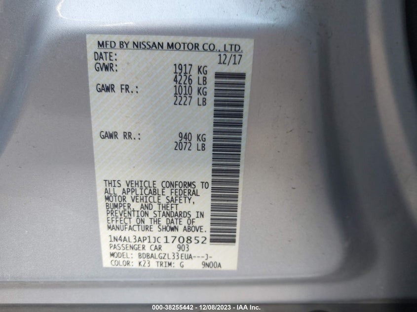 VIN 1N4AL3AP1JC170852 2018 NISSAN ALTIMA 2.5/S/SV/SL/SR