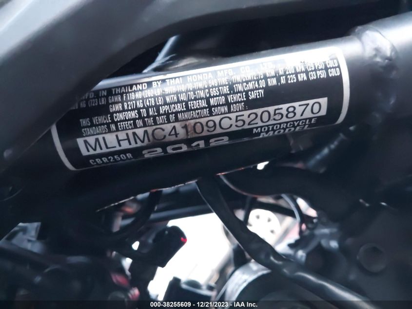 2012 HONDA CBR250 R MLHMC4109C5205870