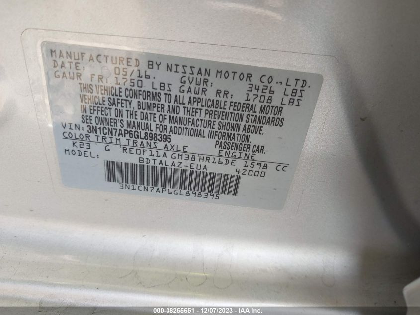 2016 NISSAN VERSA S/S PLUS/SV/SL - 3N1CN7AP6GL898395