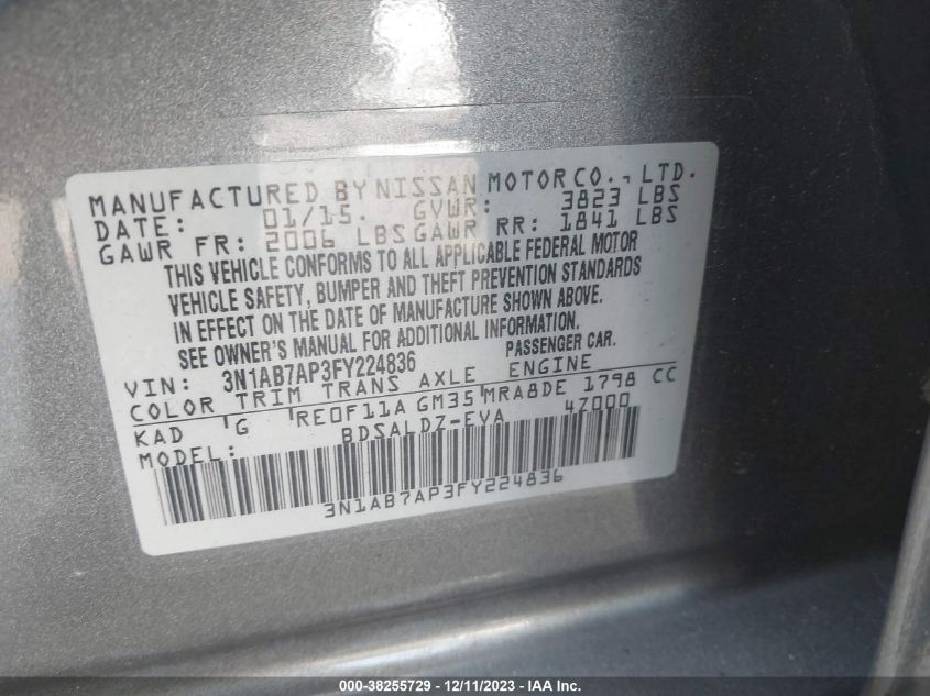 2015 NISSAN SENTRA SR/SL/S/SV/FE+ S - 3N1AB7AP3FY224836