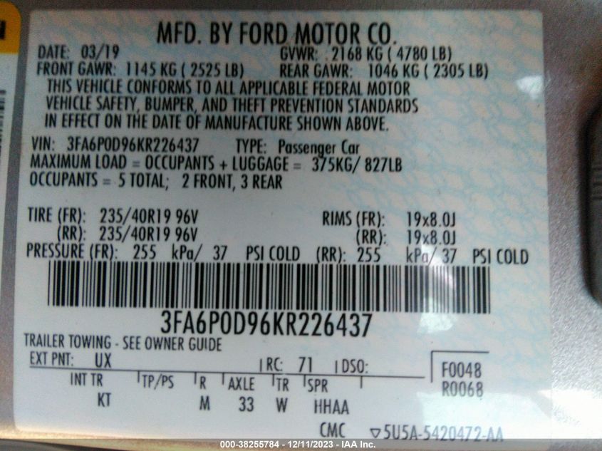 2019 FORD FUSION TITANIUM - 3FA6P0D96KR226437