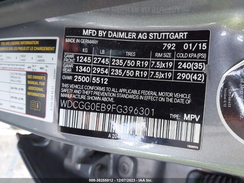 2015 MERCEDES-BENZ GLK 250 BLUETEC WDCGG0EB9FG396301
