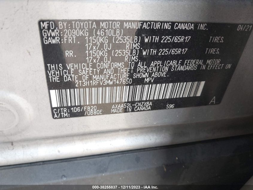 2021 TOYOTA RAV4 LE - 2T3H1RFV3MW147650