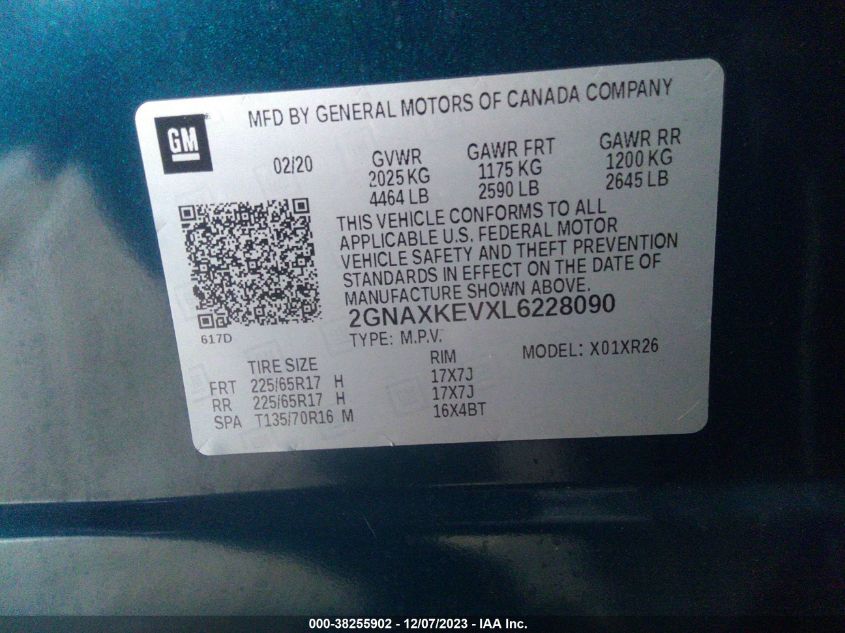 2020 CHEVROLET EQUINOX LT - 2GNAXKEVXL6228090