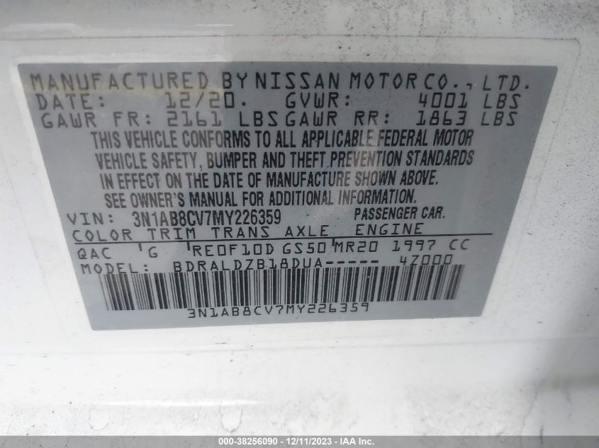 2021 NISSAN SENTRA SV XTRONIC CVT - 3N1AB8CV7MY226359