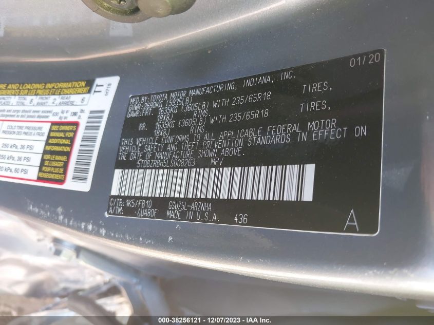 VIN 5TDBZRBH5LS008263 2020 TOYOTA HIGHLANDER L/LE