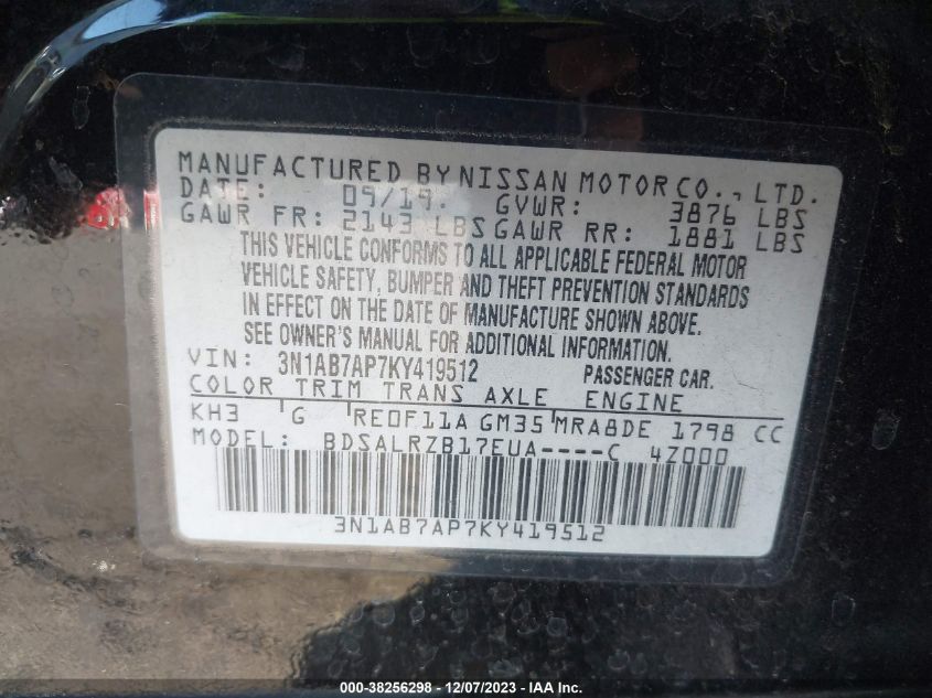 2019 NISSAN SENTRA S/SV/SR/SL - 3N1AB7AP7KY419512