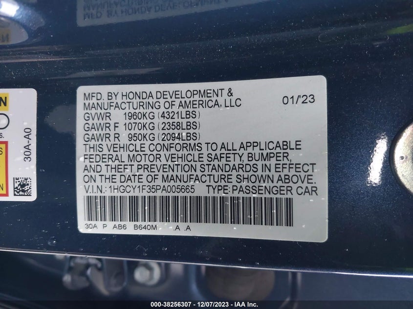 2023 HONDA ACCORD 1.5L I-4 DOHC 16-VAL(VIN: 1HGCY1F35PA005665