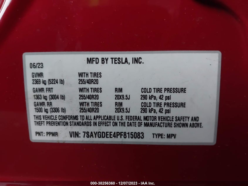 VIN 7SAYGDEE4PF815083 2023 TESLA MODEL Y
