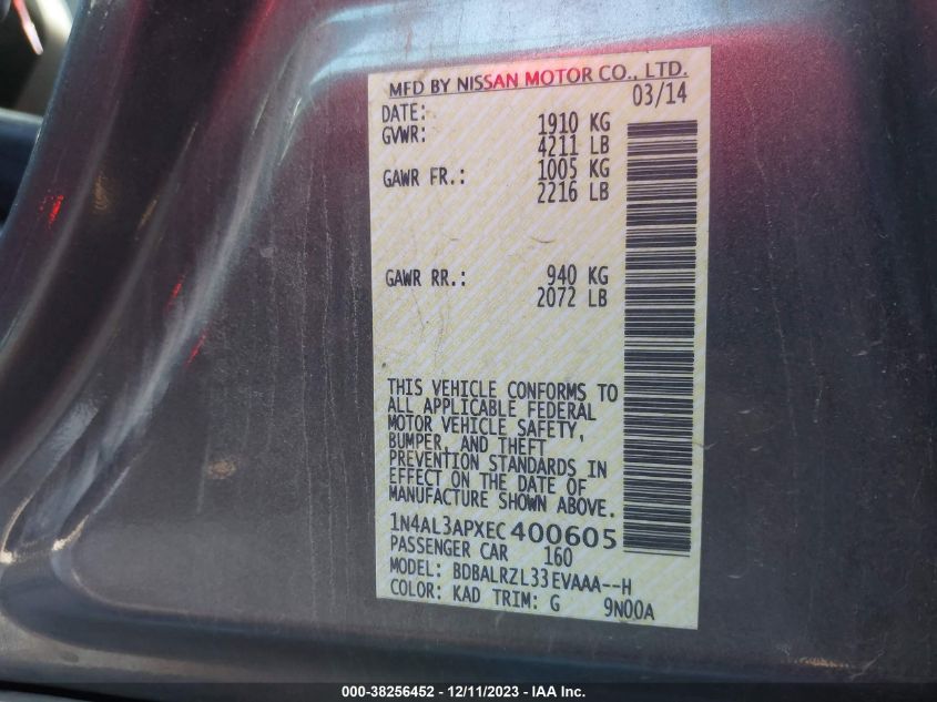 2014 NISSAN ALTIMA 2.5 S - 1N4AL3APXEC400605