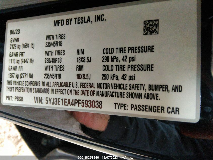 2023 TESLA MODEL 3 REAR-WHEEL DRIVE - 5YJ3E1EA4PF593038