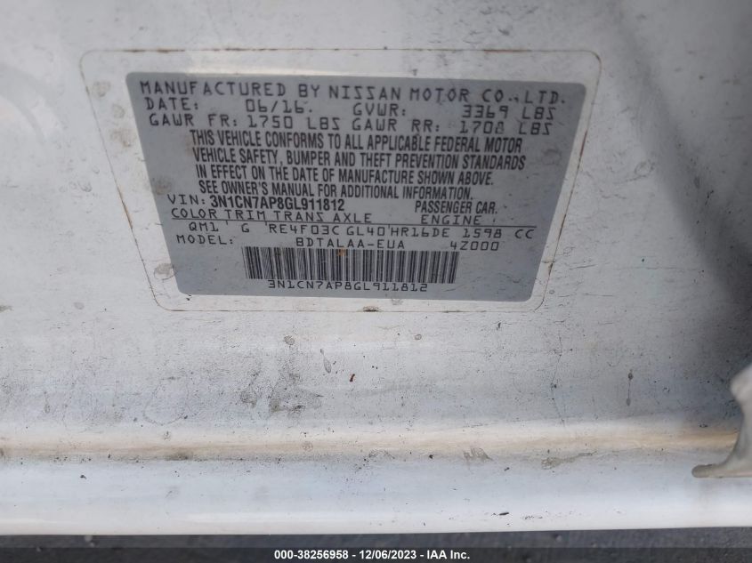 2016 NISSAN VERSA 1.6 S - 3N1CN7AP8GL911812