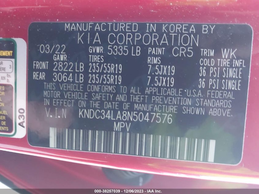 2022 KIA EV6 WIND - KNDC34LA8N5047576