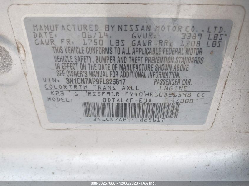 2015 NISSAN VERSA S/S PLUS/SV/SL - 3N1CN7AP9FL825617
