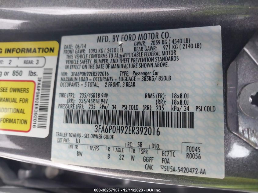 2014 FORD FUSION SE - 3FA6P0H92ER392016