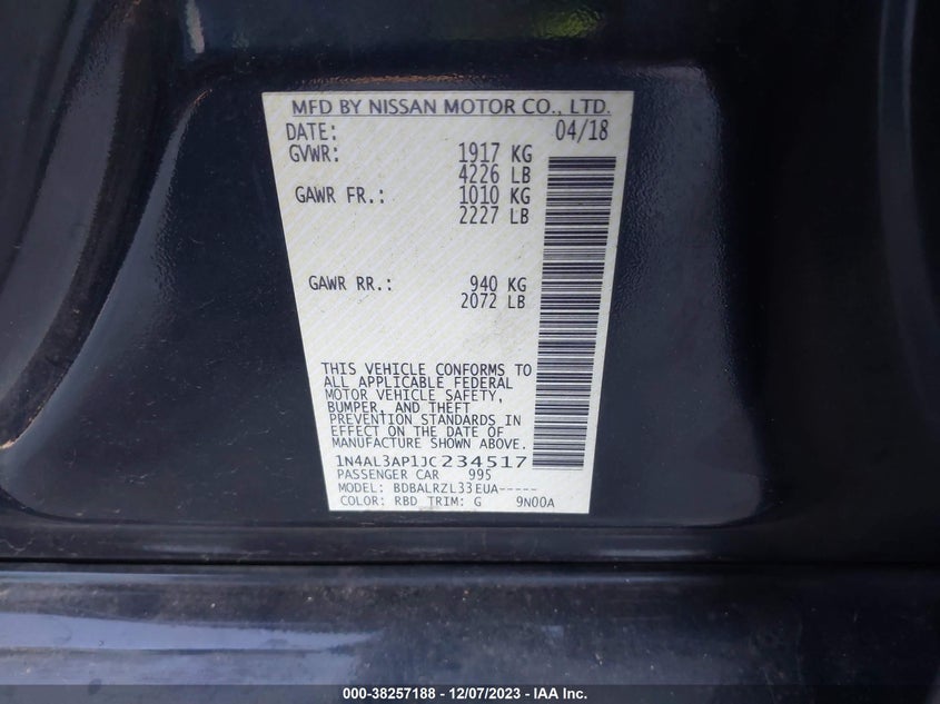 VIN 1N4AL3AP1JC234517 2018 NISSAN ALTIMA 2.5/S/SV/SL/SR