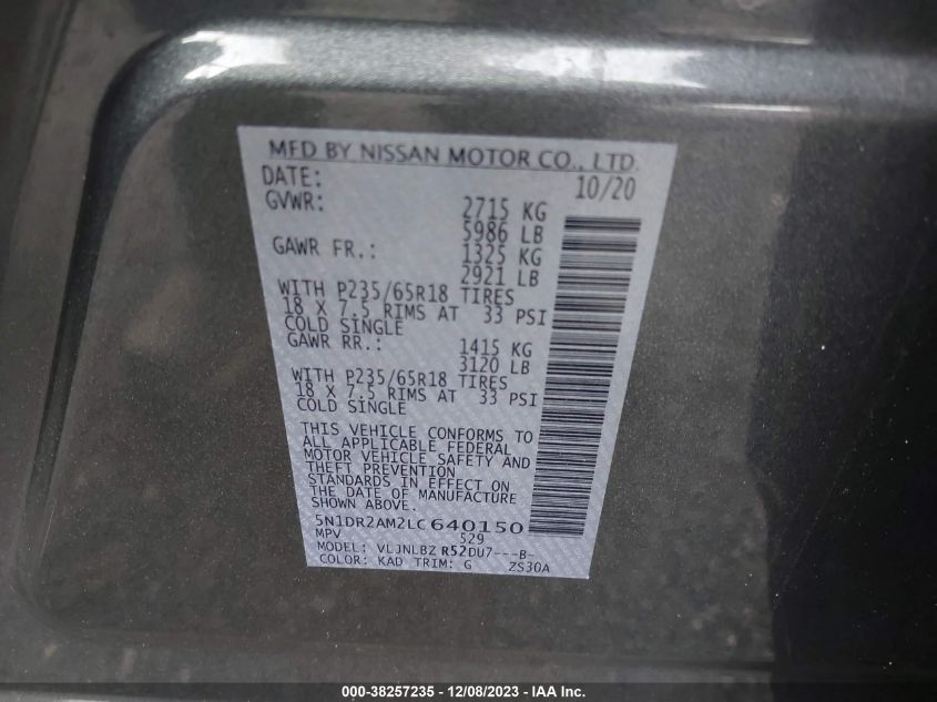 2020 NISSAN PATHFINDER S - 5N1DR2AM2LC640150