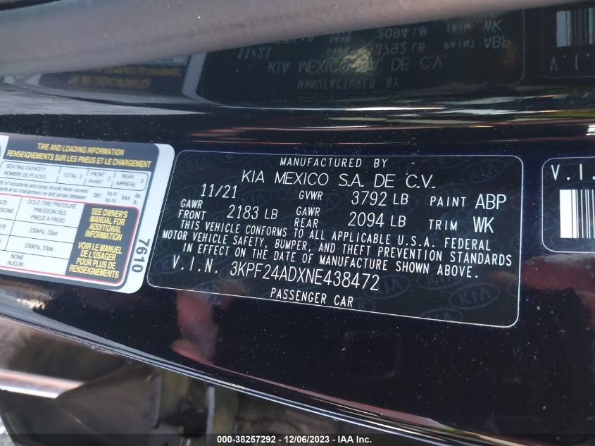 2022 KIA FORTE LXS - 3KPF24ADXNE438472