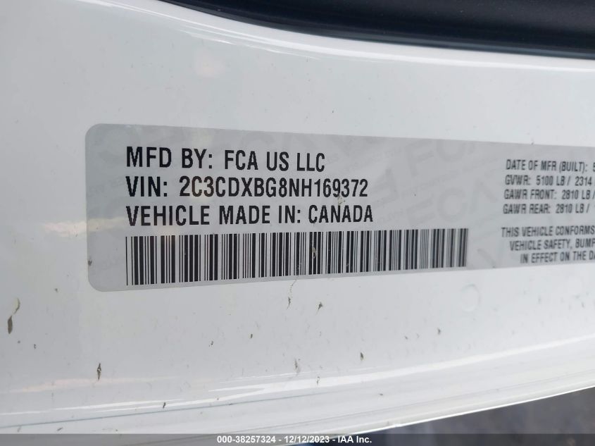 2022 DODGE CHARGER 3.6L V6 FI DOHC 24V (VIN: 2C3CDXBG8NH169372