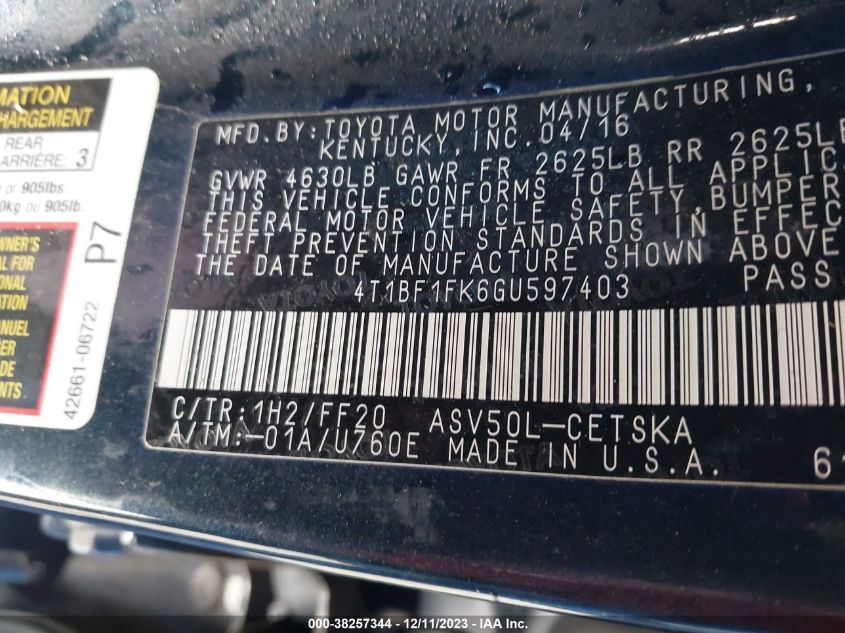 2016 TOYOTA CAMRY LE/XLE/SE/XSE - 4T1BF1FK6GU597403
