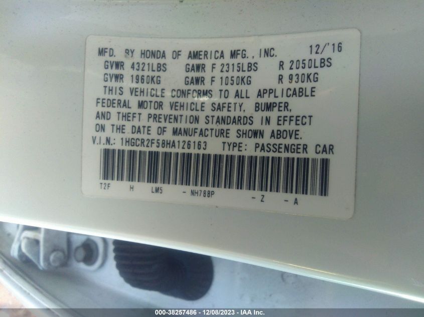 2017 HONDA ACCORD SPORT - 1HGCR2F58HA126163