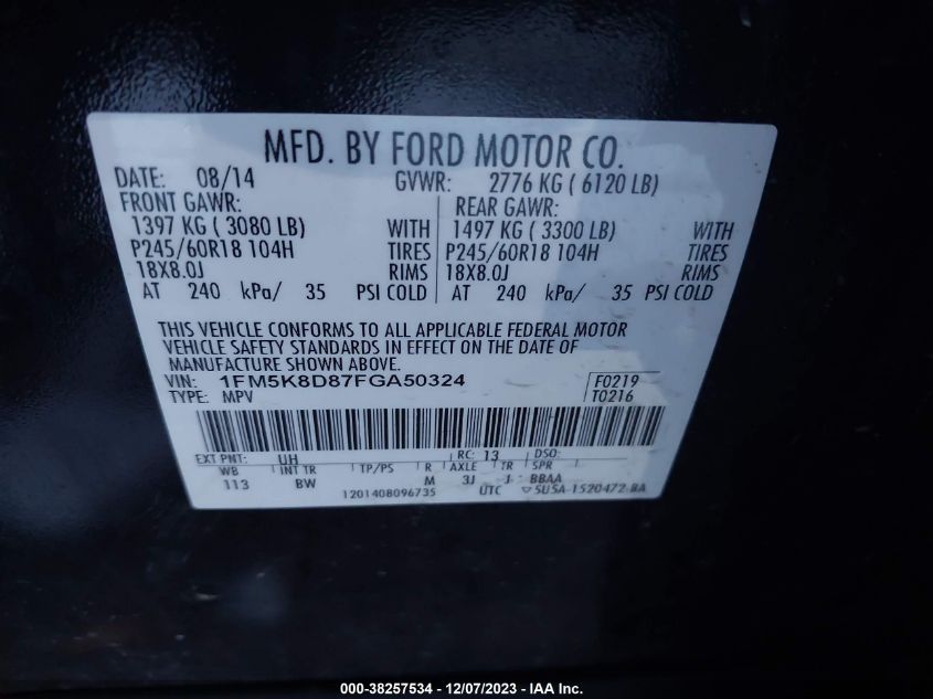 2015 FORD EXPLORER XLT - 1FM5K8D87FGA50324