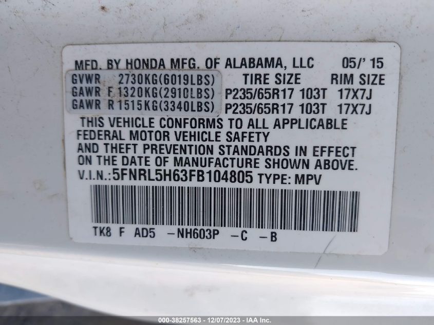 5FNRL5H63FB104805 2015 HONDA ODYSSEY, photo no. 9