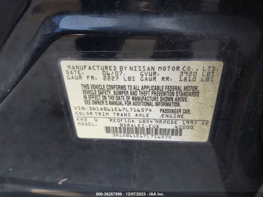 3N1AB61E67L716574 | 2007 NISSAN SENTRA