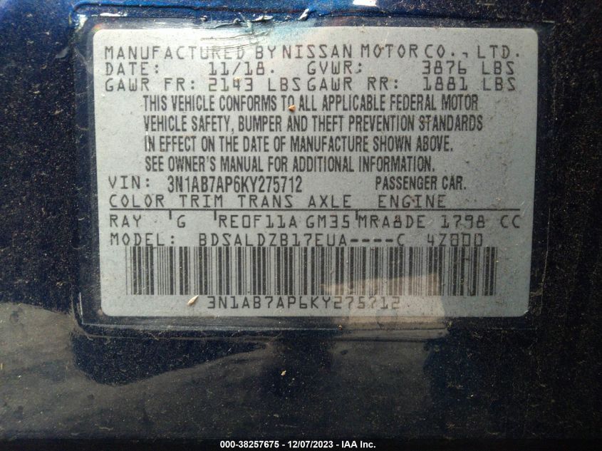 2019 NISSAN SENTRA S/SV/SR/SL - 3N1AB7AP6KY275712