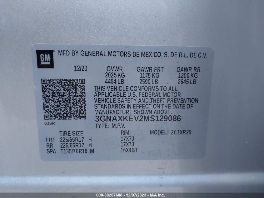 2021 CHEVROLET EQUINOX LT - 3GNAXKEV2MS129086