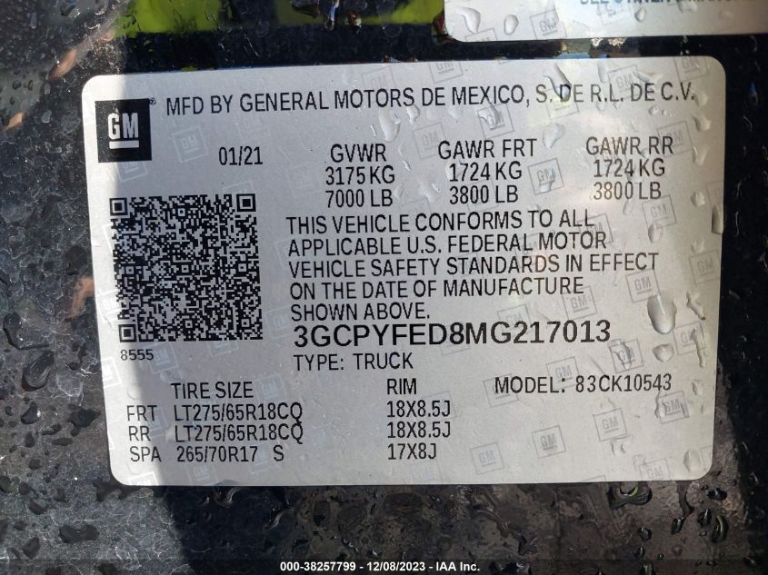 2021 CHEVROLET SILVERADO 1500 4WD  SHORT BED LT TRAIL BOSS - 3GCPYFED8MG217013