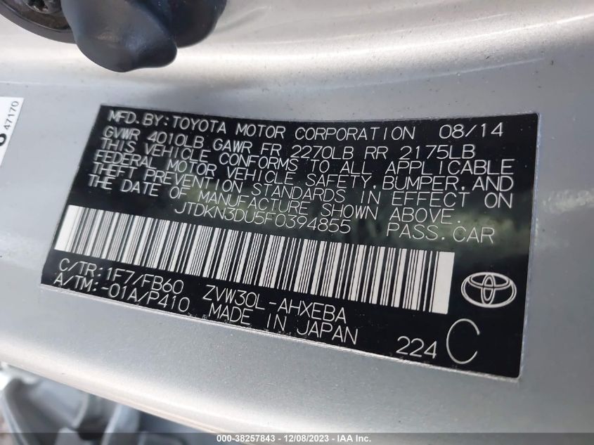 2015 TOYOTA PRIUS - JTDKN3DU5F0394855