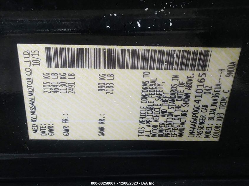 2016 NISSAN MAXIMA 3.5S/SV/SL/SR/PLAT - 1N4AA6AP0GC410165