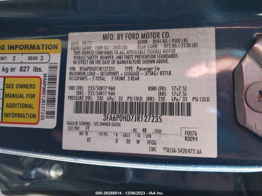 2018 FORD FUSION SE - 3FA6P0HD7JR127235