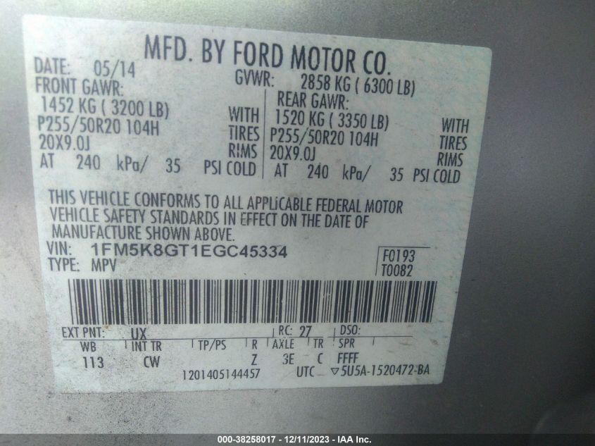 2014 FORD EXPLORER SPORT - 1FM5K8GT1EGC45334
