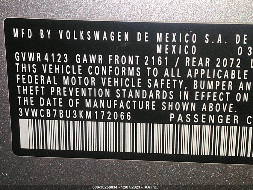 VIN 3VWCB7BU3KM172066 2019 VOLKSWAGEN JETTA S/SE/R-LINE