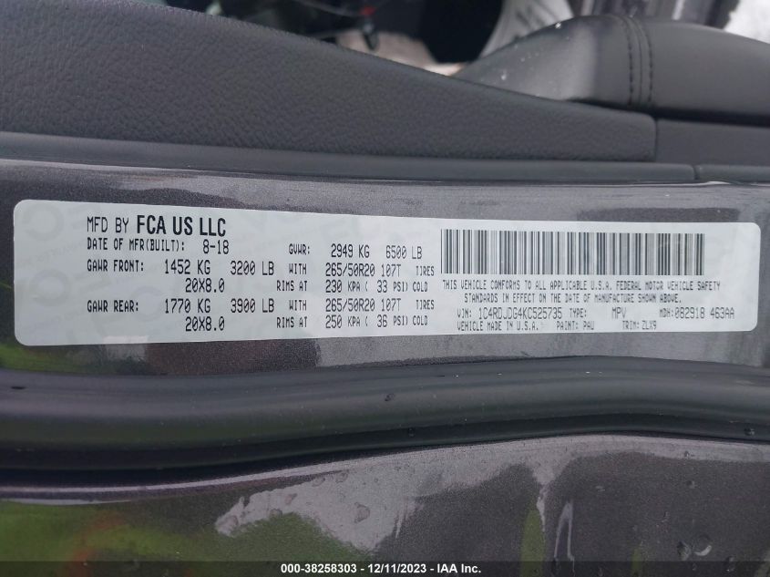2019 DODGE DURANGO GT - 1C4RDJDG4KC525735
